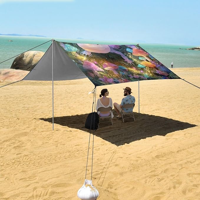 ALAZA Rainbow Salamander Axolotl Butterfly Beach Tent Sun Shelter UPF50+ Protection Beach Shade Canopy w/ 4 Sandbags for Outdoor Camping Fishing Backyard Fun Picnic 10x9 ft
