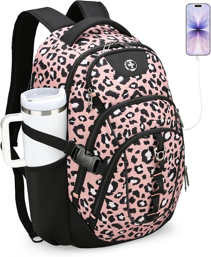 Swissdigital Laptop Backpack with USB Charging Port Travel Backpack Fits 15.6 inches Computer 31L Backpack for Women Pink Leopard | SD803-102