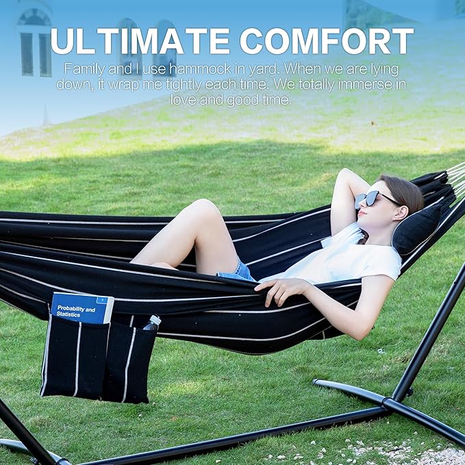 PNAEUT Double Hammocks with Stand for Outside Portable Space Saving Heavy-Duty Steel Stand for Indoor Outdoor Patio with Carrying Bag 450 lbs Capacity (Chasm)