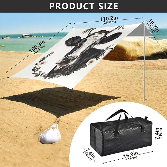 ALAZA Cow Portrait Beach Tent Sun Shelter UPF50+ Protection Beach Shade Canopy w/ 4 Sandbags for Outdoor Camping Fishing Backyard Fun Picnic 10x9 ft