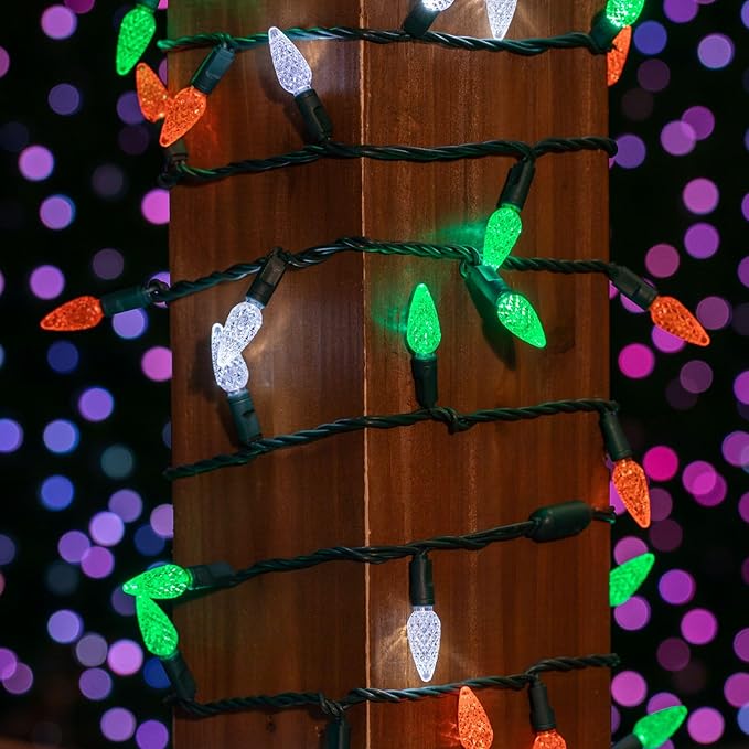 70 Light 24Ft St. Patrick’s Day Lights Commercial String Lights C6 LED Strawberry Faceted Bulb – Green/White/Orange Green Wire Indoor/Outdoor Full Wave No Flicker Connect 43 Sets