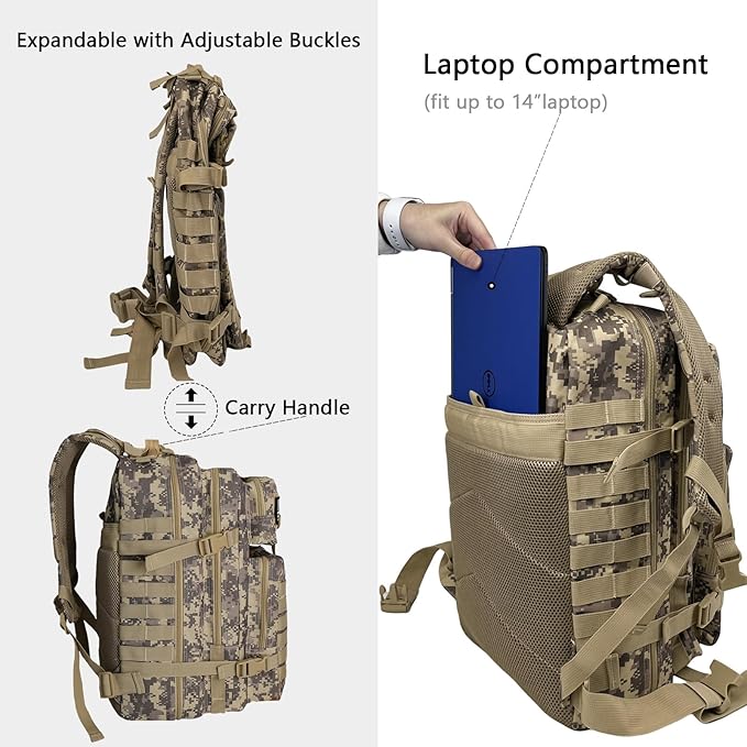WOLT Military Tactical Backpack for Men 45L Molle Backpack 3 Day Assault Pack Bug Out Bag Heavy Duty Rucksack for Hiking Gym Camouflage Khaki