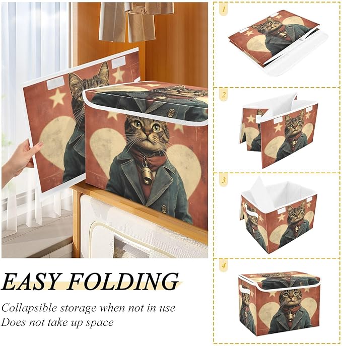 AIXIWAWA Lidded Storage Cube (Gentleman Cat) Fabric Foldable Closet Bins with Flip Lid and Handles Organizer Basket Container 16.5 x 12.6 x 11.8 IN