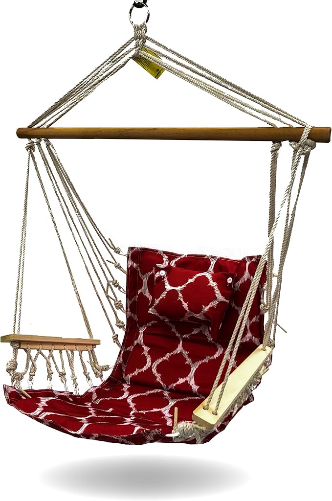 Hammock Chair Hanging Rope Swing *12 Patterns Quality Comfortable and Breathable Fabric - Indoor/Outdoor - Red Geometric Pattern