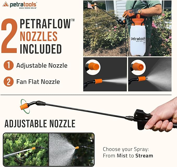 Petratools 2 Gallon Pump Sprayer - HD201 Garden Sprayer for Weeds Lawn Care &amp Pesticides - 52 Long Hose 2 Nozzles &amp Easy Carry Handle - Durable &amp Lightweight