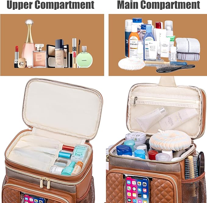 Large Leather Toiletry Bag for Women MenBathroom BagWater Resistant Shower BagMakeup BagPortable Shower Caddy for College DormHanging Travel Toiletry Bag with Transparent Waterproof Phone Pocket