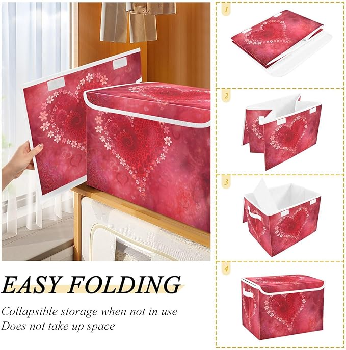 senya Valentines Storage Baskets Collapsible Storage Bins with Lids Floral Heart Storage Boxes Clothes Baskets for Organizing