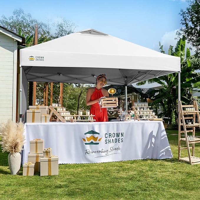 CROWN SHADES 12x12 Pop Up Canopy Tent Instant Commercial with 150D Silver Coated Fabric Including 1 Removable Sidewall 4 Ropes 8 Stakes Weight Bags STO 'N Go Bag White