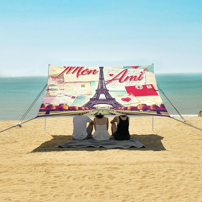 xigua Eiffel Tower Beach Tent Sun Shelter with Carrying Bag - Silver Coated Oxford Fabric Beach Canopy for Beach Camping Fishing - Includes Windproof Ropes Sandbags &amp Stakes