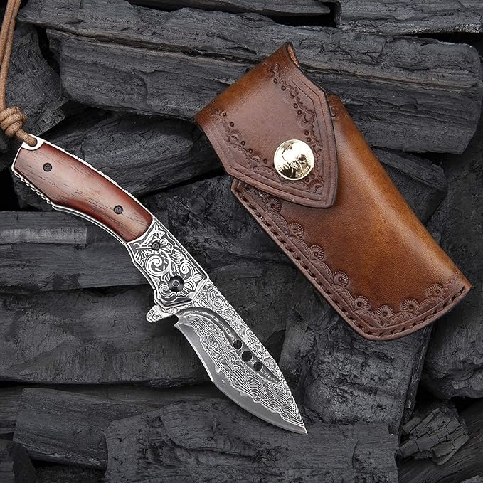 hand made damascus steel pocket knife 3.1 inch outdoor folding knife camping rosewood handle with leather case and inner lining