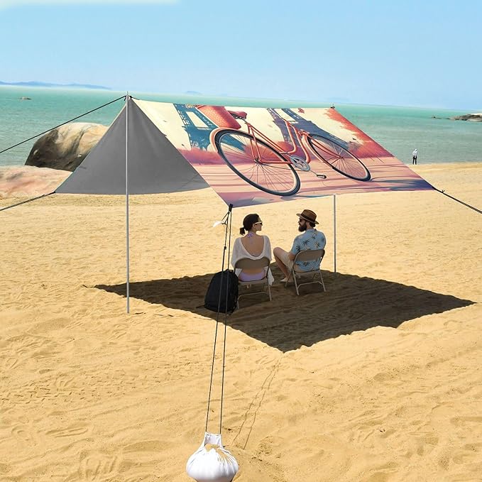 Eiffel Tower Beach Canopy Sun Shelter with Sandbags &amp Sand Shovel &amp Windproof Ropes - Portable 110x126 Beach Shade Beach Tent for Camping Picnics