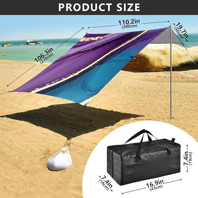 Beach Canopy with Windproof Ropes &amp Sandbags Beach Tent Sun Shade Sun Shelter for Camping Trips Fishing Backyard Fun or Picnics Purple Texture