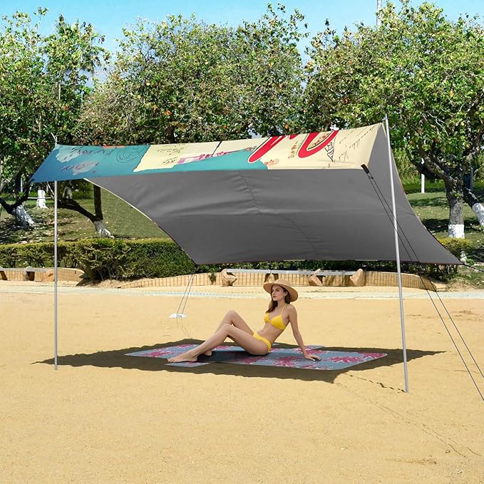 xigua Eiffel Tower Beach Tent Sun Shelter with Carrying Bag - Silver Coated Oxford Fabric Beach Canopy for Beach Camping Fishing - Includes Windproof Ropes Sandbags &amp Stakes