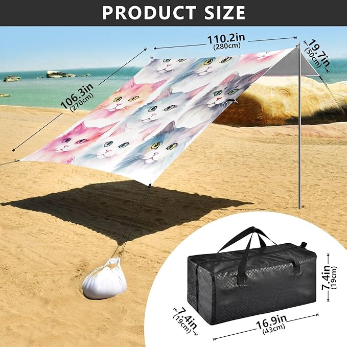 ALAZA Cute Cat Watercolor Kitten Beach Tent Sun Shelter UPF50+ Protection Beach Shade Canopy w/ 4 Sandbags for Outdoor Camping Fishing Backyard Fun Picnic 10x9 ft