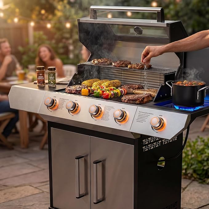 SKOK Led 4-Burner Gas BBQ Grill with Side Burner Led Knob Barbecue Grill with Porcelain-Enameled Cast Iron Grates 60000 BTU Stainless Steel Propane Grill 629 Sq. In. Grilling Area