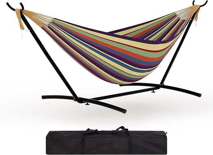 GarveeLife Instant-Setup 2-Person Hammock with Reinforced Steel Frame – Portable Outdoor Lounger for Garden Camping &amp Beach (450 LB Capacity + Quick-Fold Carry Bag)Yellow Rainbow Stripe