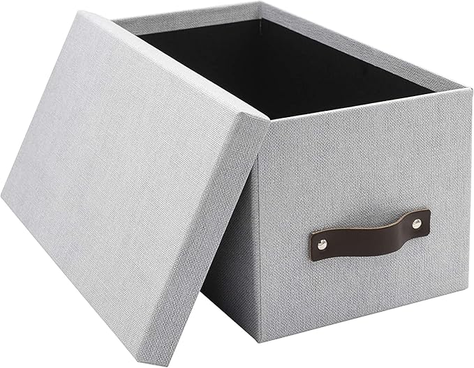 Bigso Box of Sweden Silvia Organizational Storage Box with Leather Handle for Shelves and Stacks Easily - Durable and Decorative Storage Boxes with Lids - 5.9 in x 6.5 in x 11.6 in - Ash