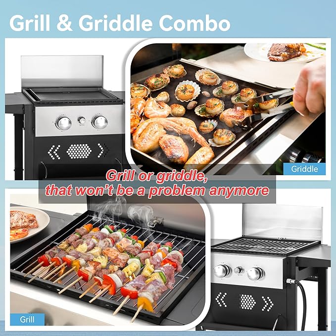 GREEN PARTY 2 Burner Griddle Grill Combo 2 in 1 Propane Gas BBQ Grill w/Cast Iron Plate 20000 BTU Output Small Flat Top Propane Barbecue Grill for Camping Patio Backyard Balcony