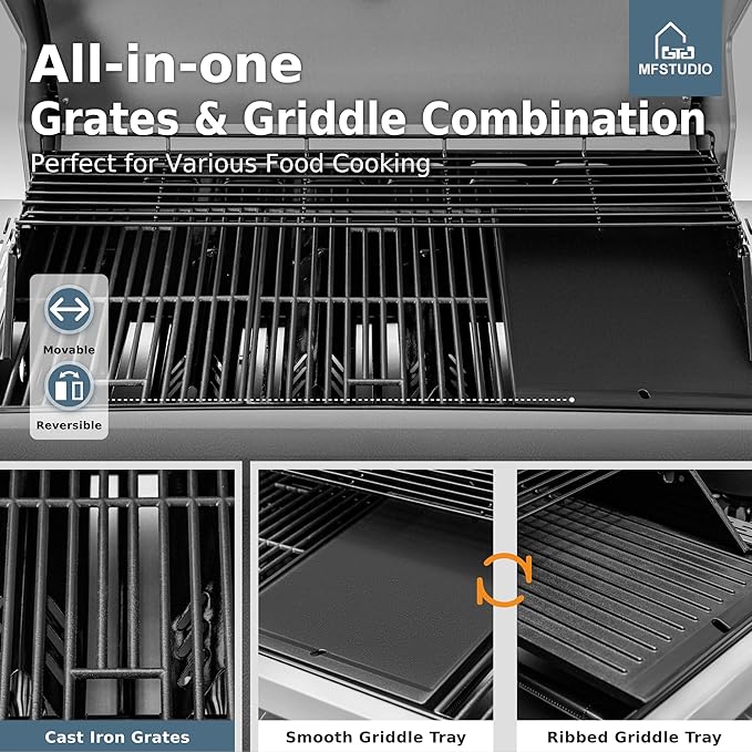 MFSTUDIO 6 Burner BBQ Propane Gas Grill with Side Burner &amp Porcelain-Enameled Cast Iron Grates Grill Griddle Combo for Outdoor Barbecue 740 SQ.IN. Large Cooking Area