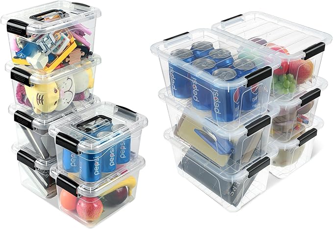 EOENVIVS 6 Pack Clear Storage Bins with Black Buckle and Handle Lids and 6 Pack Clear Storage Bins with Buckle Llids 7 Quart