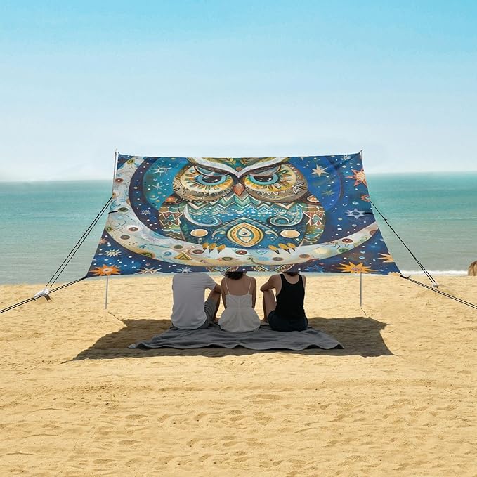 ALAZA Boho Owl Star Moon Beach Tent Sun Shelter Portable Canopy Sunshade for Outdoor Camping Picnics Backyard Fun 10x9 ft