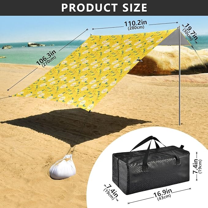 ALAZA Lemon Cartoon Beach Tent Sun Shelter UPF50+ Protection Beach Shade Canopy w/ 4 Sandbags for Outdoor Camping Fishing Backyard Fun Picnic 10x9 ft
