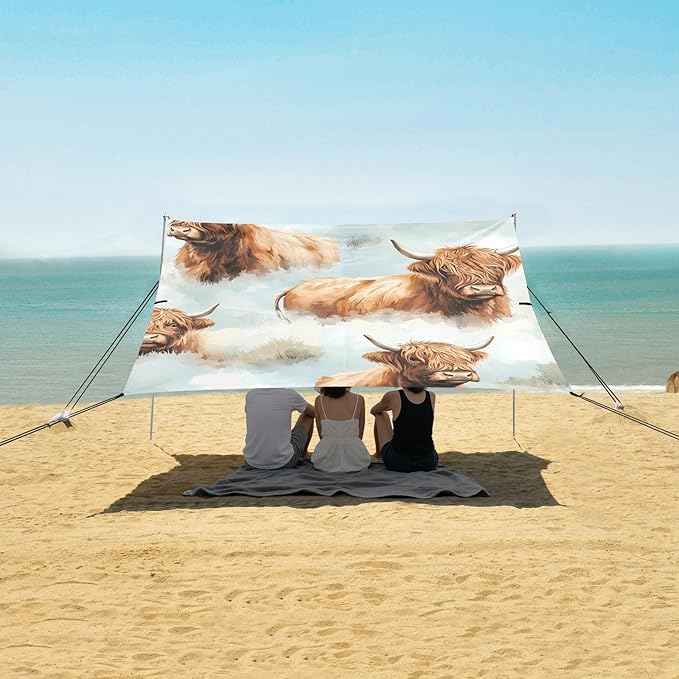 ALAZA Highland Cattle Watercolor Background Pattern Beach Tent Sun Shelter Portable Canopy Sunshade for Outdoor Camping Picnics Backyard Fun 10x9 ft
