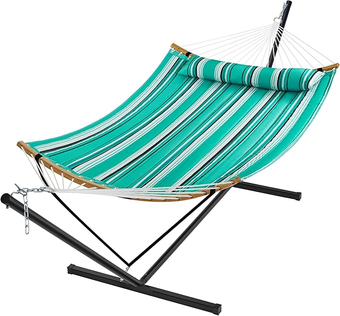 SUPERJARE Hammock with Stand 2 Person Heavy Duty Hammock with Padded Cotton Detachable Pillow &amp Strong Curved-Bar &amp Portable Carrying Bag Perfect for Outdoor &amp Indoor Mint Green with S