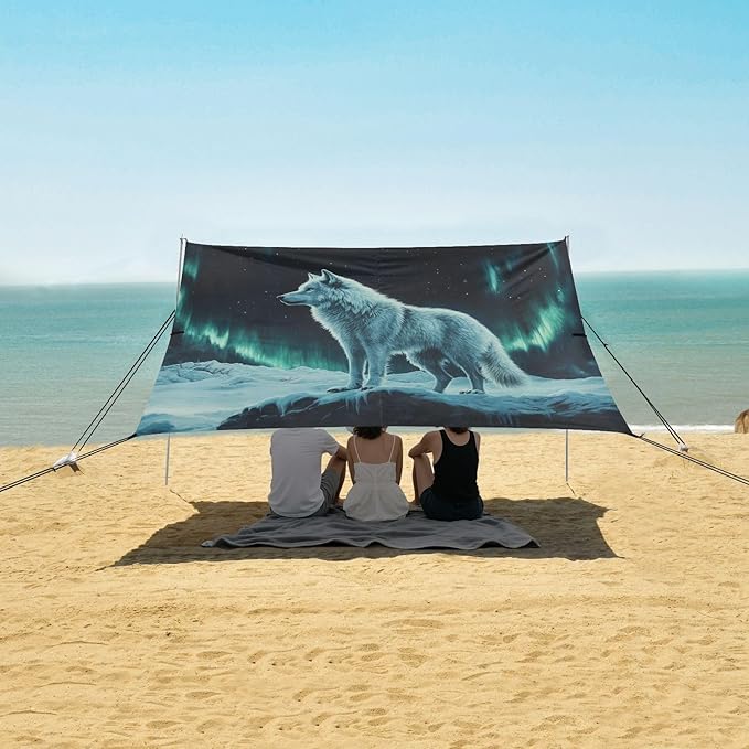 ALAZA Wolf Green Polar Lights Beach Tent Sun Shelter UPF50+ Protection Beach Shade Canopy w/ 4 Sandbags for Outdoor Camping Fishing Backyard Fun Picnic 10x9 ft