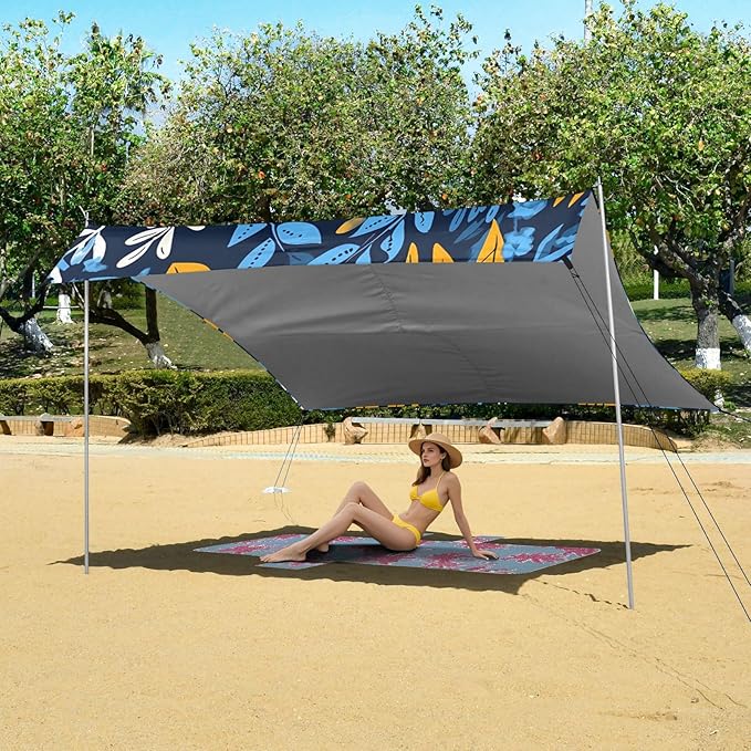Beach Canopy with Windproof Ropes &amp Sandbags Beach Tent Sun Shade Sun Shelter for Camping Trips Fishing Backyard Fun or Picnics Leaves