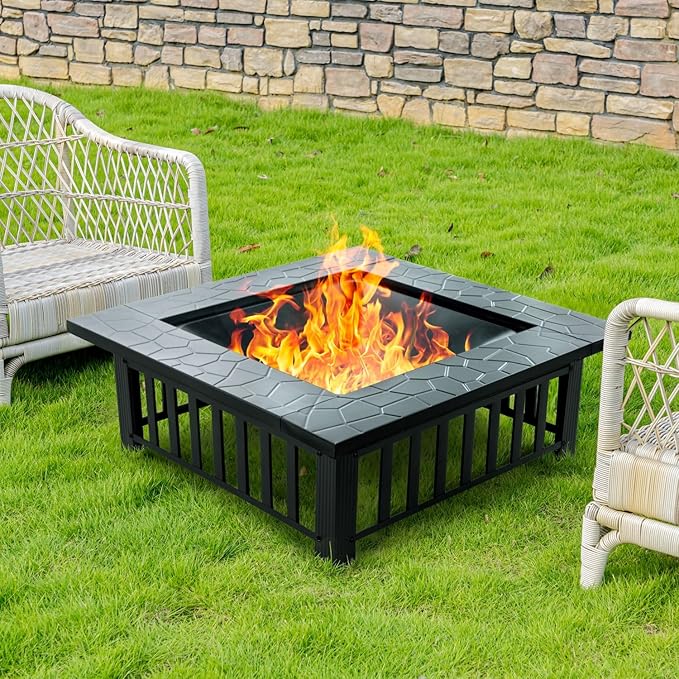 EcoNook 36 inch Fire Pit Square Outdoor Fire Pit Table with Spark Screen &amp Fire Poker 3-in-1 Multipurpose Firepits for Outside Fireplace for Yard Garden Patio