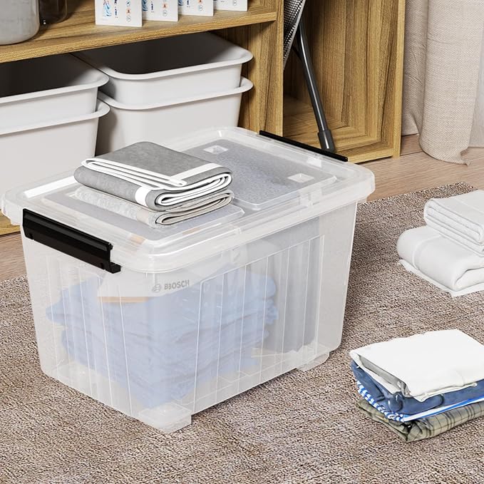 30 Quart 4 Pack Plastic Storage Bins with Latching Lids and Wheels Clear Latch Box Container