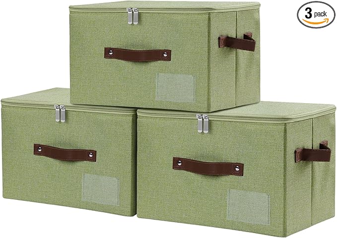 Lucky Monet 3PCS Storage Bins with Zipper Lids 15x10x10 Foldable Lidded Fabric Storage Boxes Baskets Cotton Linen Closet Shelf Clothes Organizer with Handles &amp Label Pocket (Green Large)