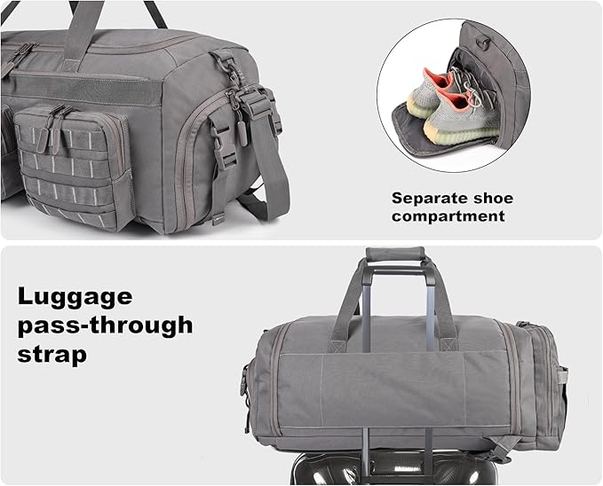 LHI 50L Tactical Duffle Bag for Men 3-in-1 Gym Duffle and Backpack Shoe Compartment Laptop Sleeve and MOLLE Carry-On Travel Weekender and Overnight Bag – Gray