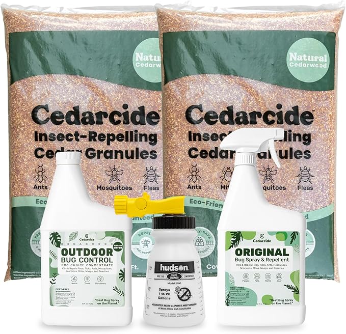 Cedarcide Complete Pest Control Kit (Medium) Cedarcide Original Quart + Outdoor Bug Control Concentrate Quart Lawn Bug Spray &amp Cedar Granules Kills and Repels Fleas Ticks Ants Mites and Mosquitoes