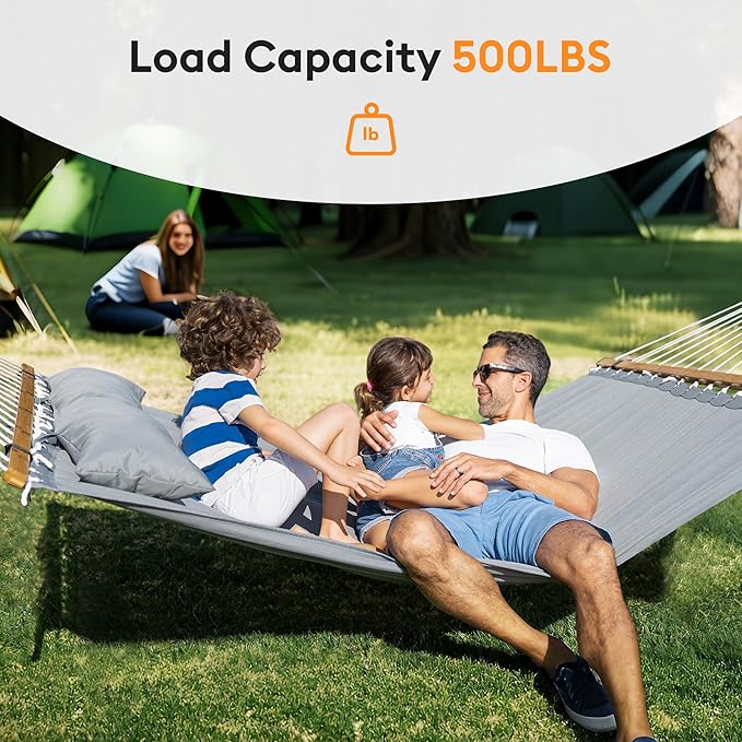 Everyfun Double Hammock with Spreader BarSoft PillowMax Load 500lbsPortable Hammock for OutdoorCampingand BackyardDark Gray