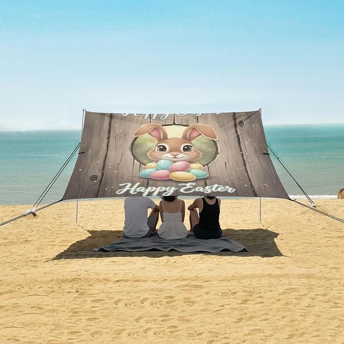 Happy Easter Beach Canopy Sun Shelter with Sandbags &amp Sand Shovel &amp Windproof Ropes - Portable 110x126 Beach Shade Beach Tent for Camping Picnics