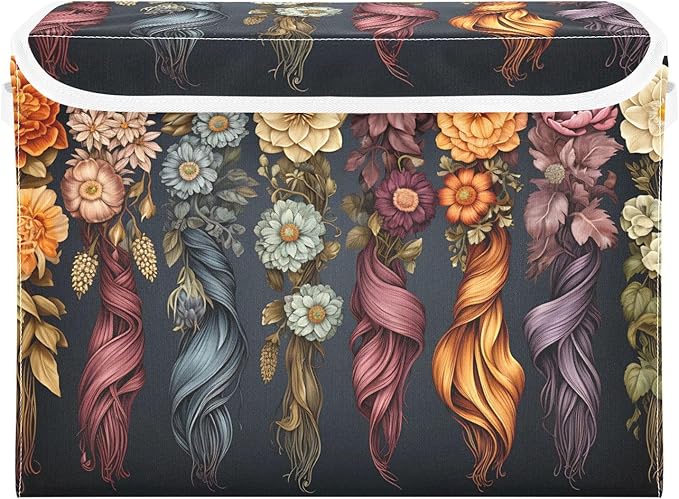 Aesthetic Flowers Storage Cube with Lid Collapsible Fabric Storage Bins Basket with Handle for Home Bedroom Closet Office 16.5×12.6×11.8 in
