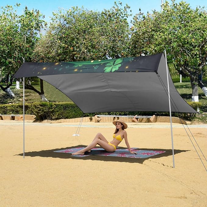 St Patrick's Day Coin Pot Beach Tent Sun Shelter Set UPF50+ UV Protection 10.5 x 9.19 FT Camping Shade Canopy with Sandbags Sand Anchors Carrying Bag and Others
