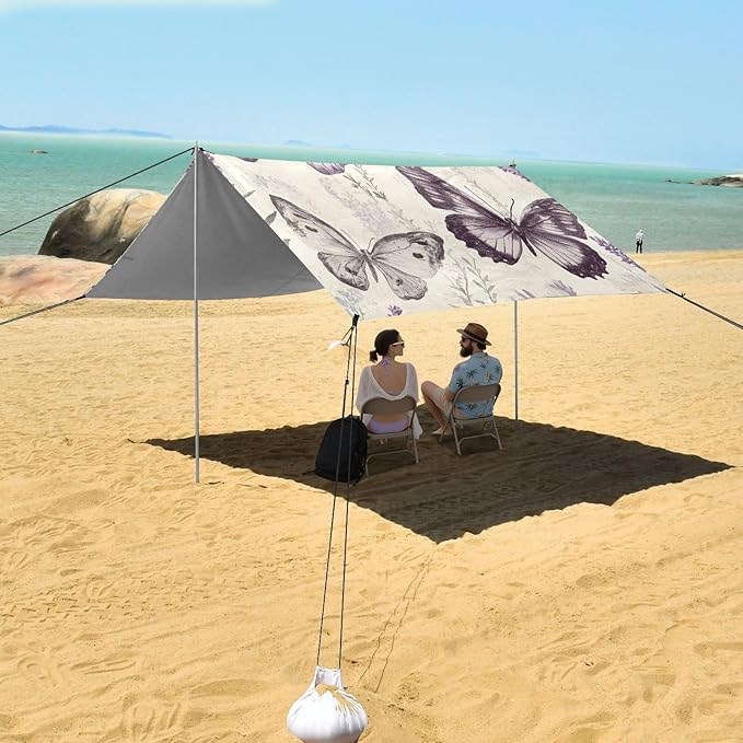 ALAZA Retro Lavender Butterflies Beach Tent Sun Shelter Portable Canopy Sunshade for Outdoor Camping Picnics Backyard Fun 10x9 ft