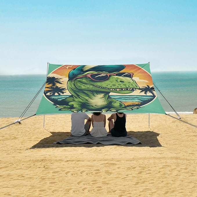 ALAZA Green Dinosaur Summer Beach Tent Sun Shelter Portable Canopy Sunshade for Outdoor Camping Picnics Backyard Fun 10x9 ft