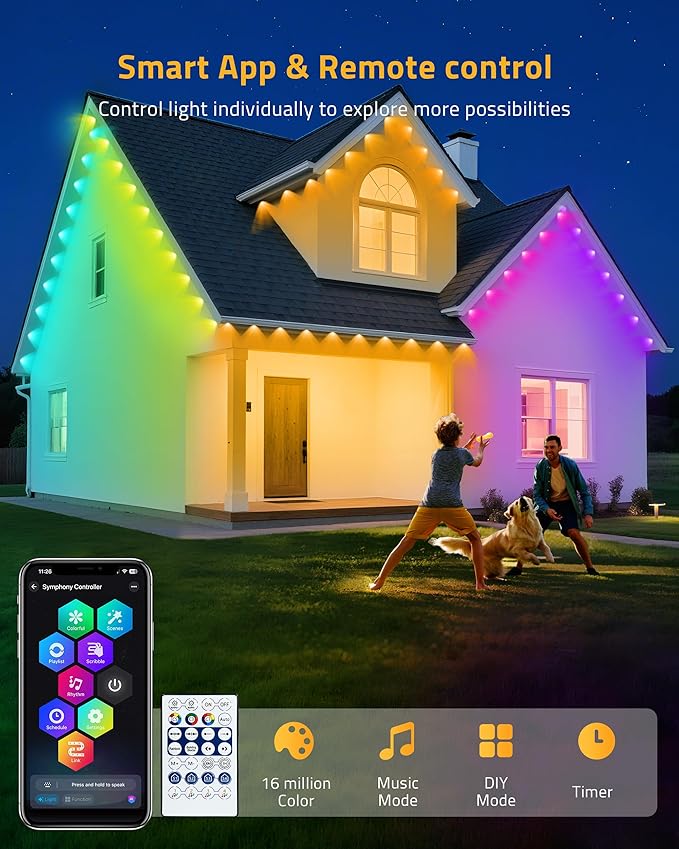 Permanent Outdoor Lights 111FT Smart Black Christmas Lights with App Control IP65 Waterproof Eternity Eaves Lighting with 72 RGB LED Lights for Outside Roofline Decor Party Holiday Xmas
