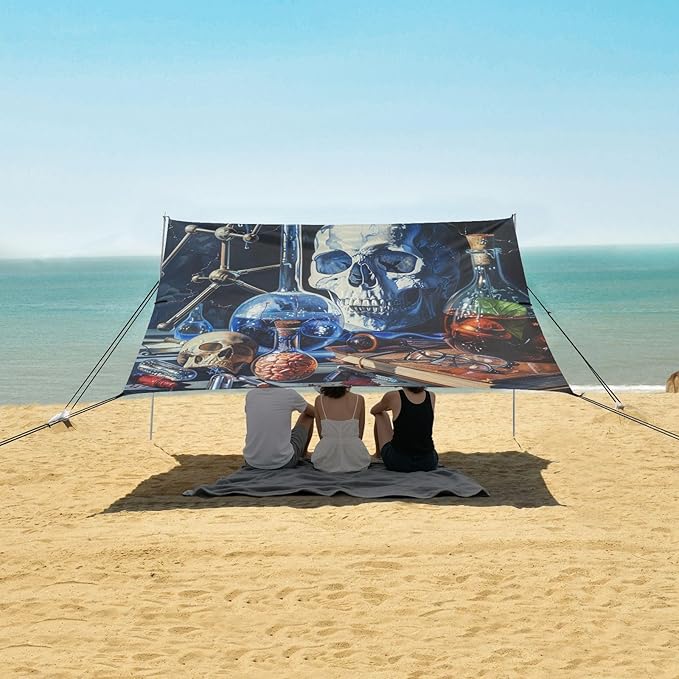 ALAZA Science Skull Beach Tent Sun Shelter UPF50+ Protection Beach Shade Canopy w/ 4 Sandbags for Outdoor Camping Fishing Backyard Fun Picnic 10x9 ft