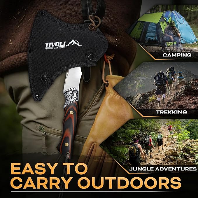 TIVOLI Camping Axe Tiger - Patterned Survival Hatchet with Nylon Sheath High Carbon Steel Blade Compact Outdoor Bushcraft Axe with Ergonomic Wood Grip Camping Gear for Hiking Chopping Hunting