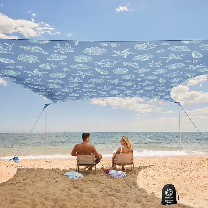 WEKAPO Beach Tent Sun Shelter - Easy Setup Beach Canopy with 4 Sturdy Poles Large Sandbags and Shovel 6'7'' Tall Windproof Sun Shade for Backyard and Camping UPF 50+ Protectio