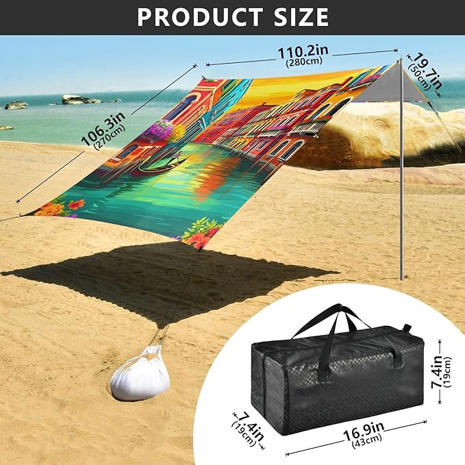 Beach Canopy with Windproof Ropes &amp Sandbags Beach Tent Sun Shade Sun Shelter for Camping Trips Fishing Backyard Fun or Picnics Venetian Pattern