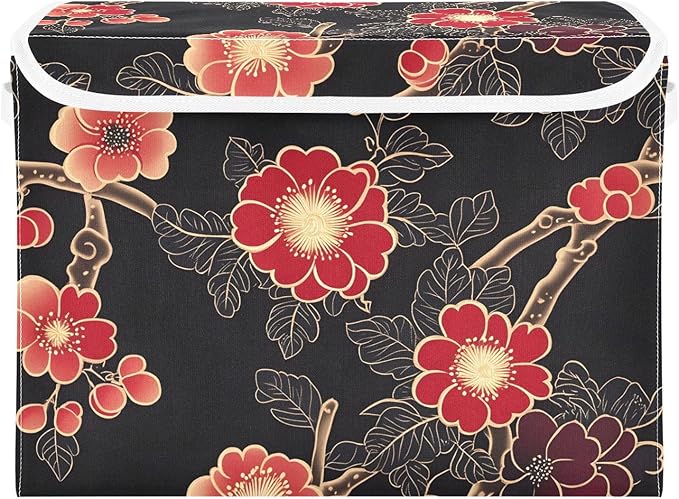 Storage Cube with Lid Chinese Flowers Print 16.5×12.6×11.8 IN 1 Pack Collapsible Large Capacity Foldable Storage Basket Bin Organizer