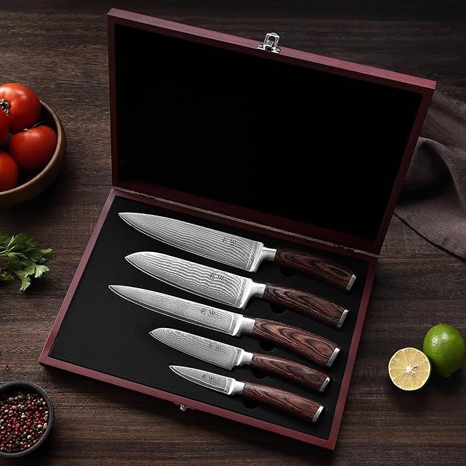 Wakoli EDIB 5-Piece Damascus Knife Set Professional Kitchen Knives made of 67-Layer Damascus Steel with VG10 Core Blades Ergonomic Pakkawood Handles In Wooden Gift Box