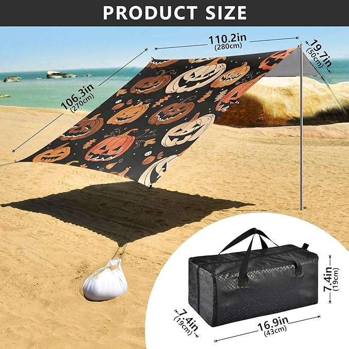 ALAZA Autumn Monster Pumpkin Pattern Beach Tent Sun Shelter Portable Canopy Sunshade for Outdoor Camping Picnics Backyard Fun 10x9 ft