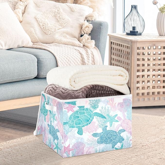 Collapsible Storage Bins with Lids Decorative Fabric Storage Cubes Closet Organizer and Storage Basket Boxes Containers for Clothes Box Chest Folding Rectangle Simple Turtles Starfish